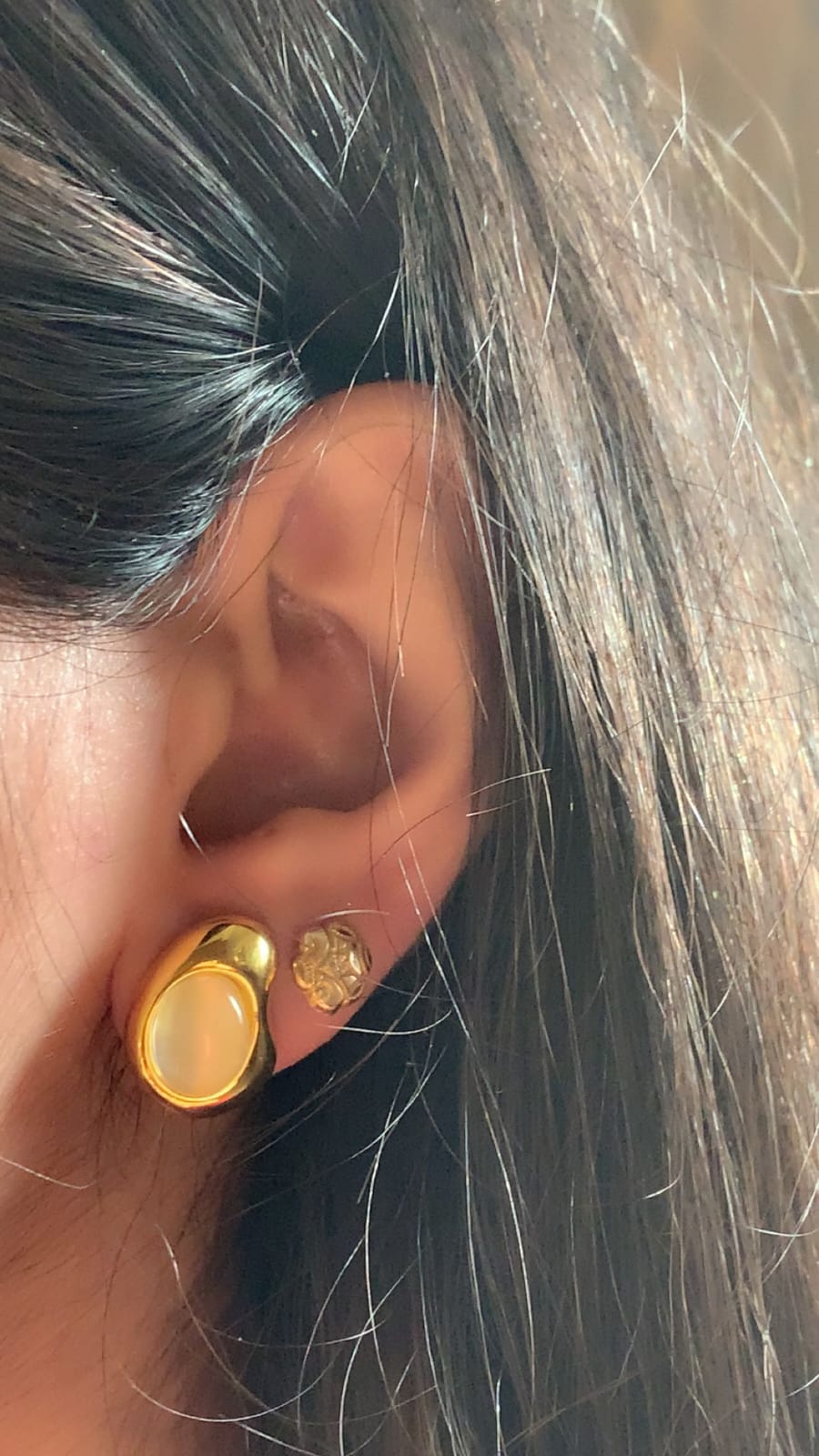 Gold Oval Stone Stainless Steel Stud Earrings