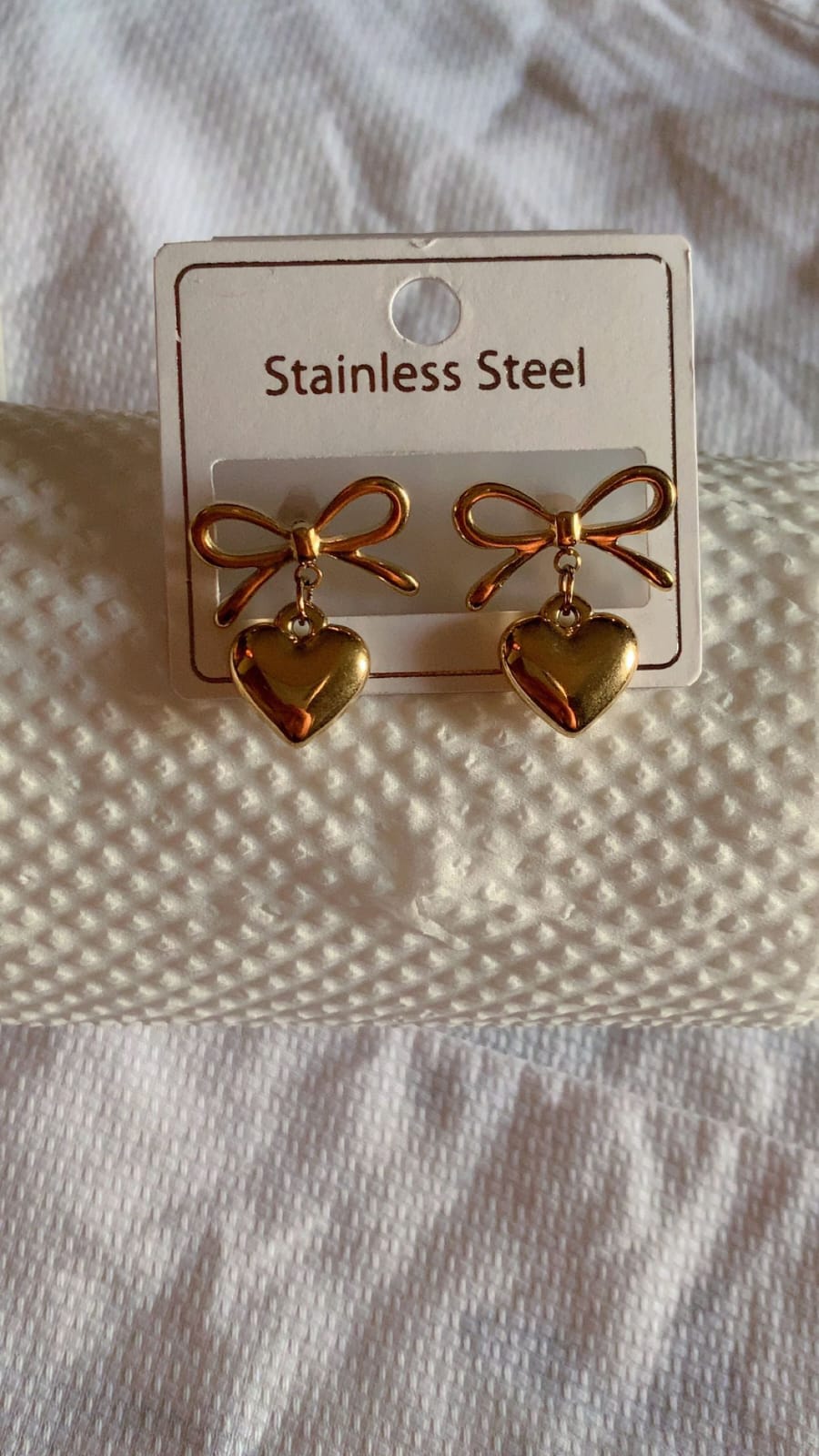 Gold Bow Heart Stainless Steel Stud Earrings