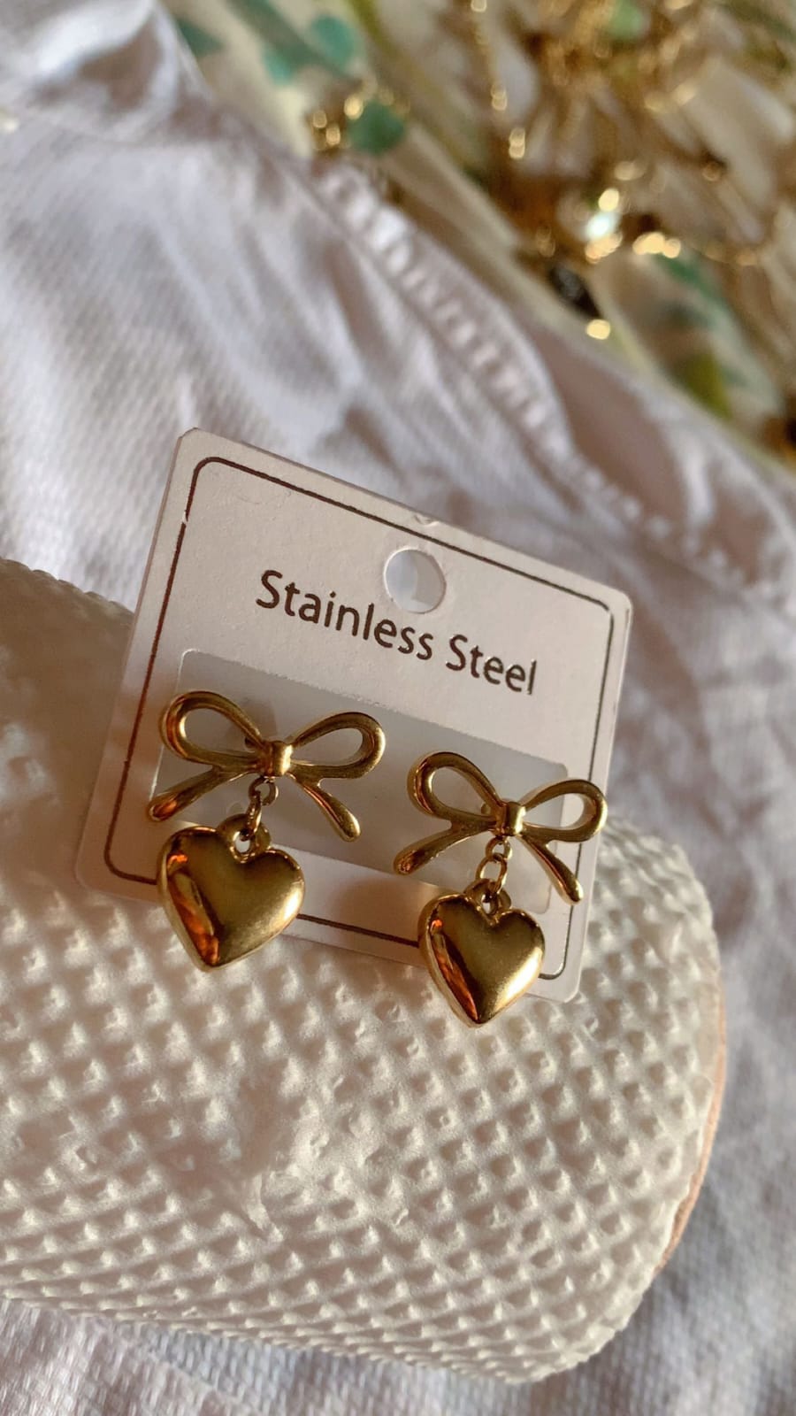 Gold Bow Heart Stainless Steel Stud Earrings