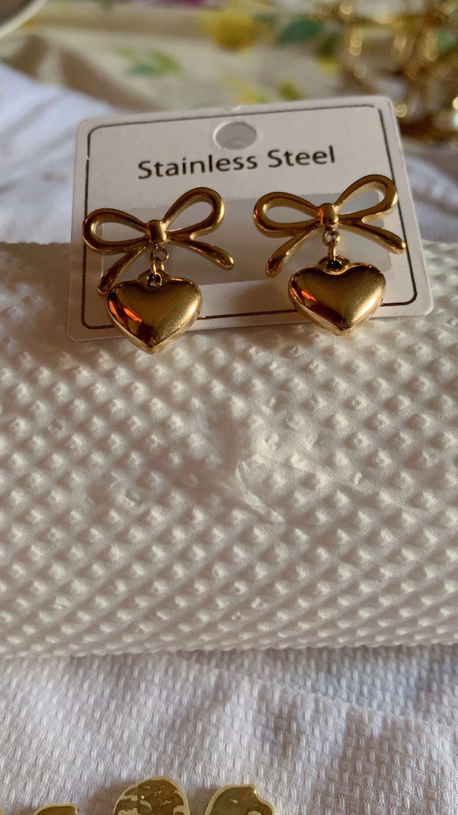 Gold Bow Heart Stainless Steel Stud Earrings